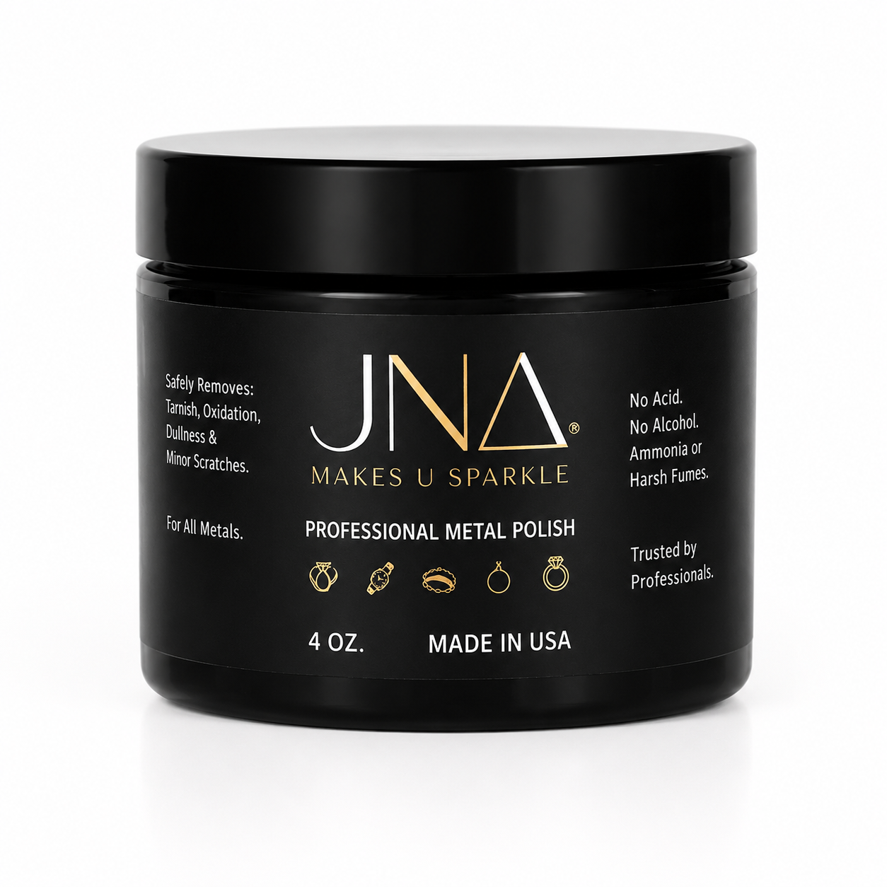 JNA Sparkle Professional Metal Polish | Luxury Jewelry & Watch Care. Available in multiple sizes — select your size above. 2 & 4 oz check kits 1,2 & 3.