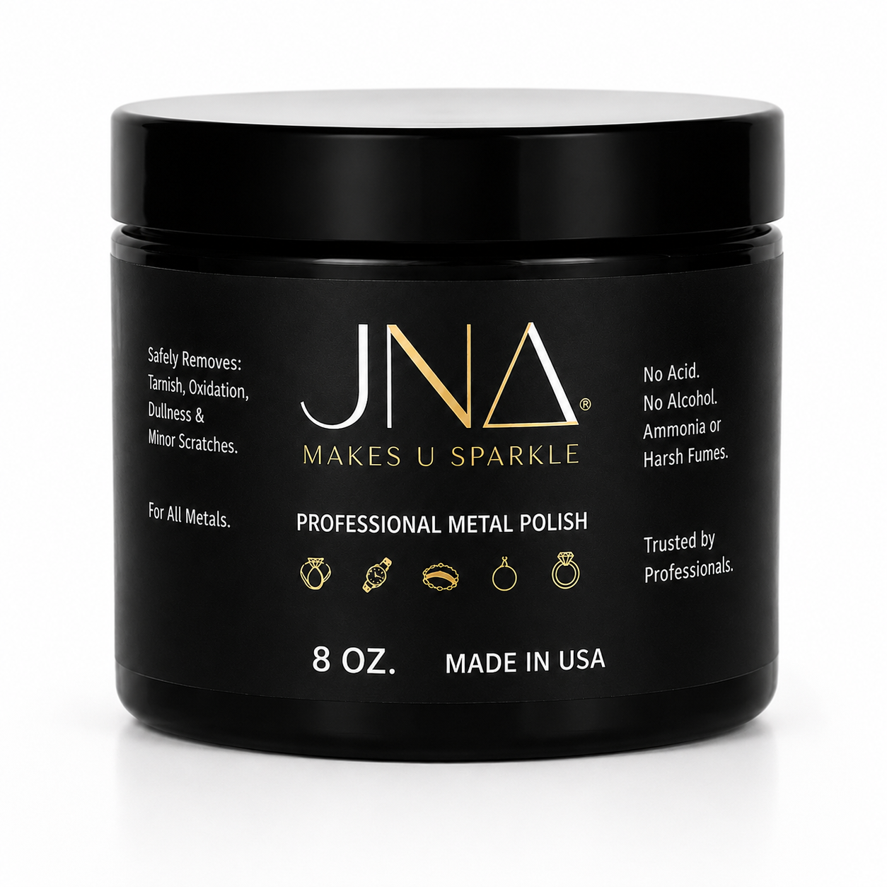 JNA Sparkle Professional Metal Polish | Luxury Jewelry & Watch Care. Available in multiple sizes — select your size above. 2 & 4 oz check kits 1,2 & 3.